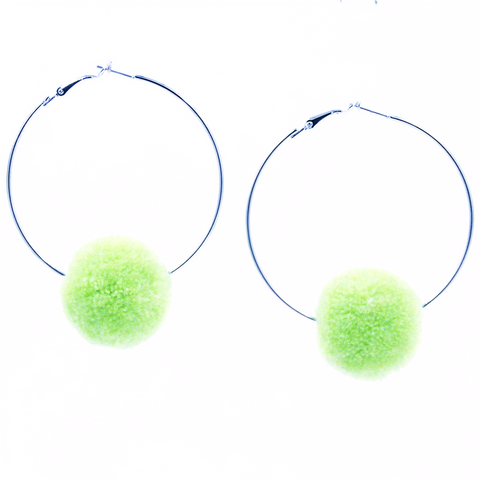 Single Pom Pom Large Hoop Earrings – Light Green