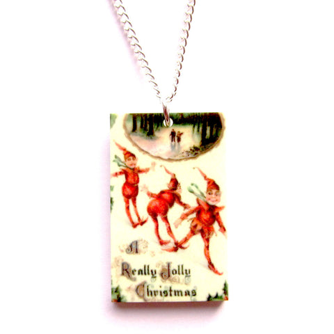 Vintage Style Jolly Elves Christmas Scene Print Necklace