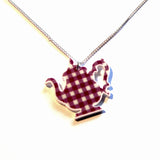 Retro Vintage Kitsch Gingham Teapot Pendant Necklace