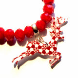 Christmas Patterned Stag Faceted Red Bead Bracelet