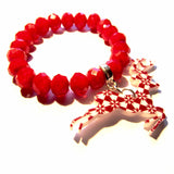 Christmas Patterned Stag Faceted Red Bead Bracelet