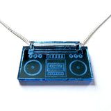 Retro Boombox Ghettoblaster Tape Player Blue Mirror Acrylic Necklace