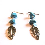 Pretty Golden Leaf Turquoise Beads Dangle Drop Earrings