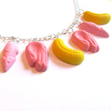 Colourful Kitsch Retro Pink Shrimp, Pink Mice and Yellow Banana Fun Faux Sweets Polymer Clay Necklace