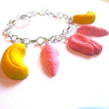 Colourful Kitsch Retro Pink Shrimp, Pink Mice and Yellow Banana Fun Faux Sweets Bracelet