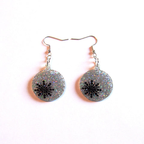 Large Statement Silver Sparkles Christmas Bauble Drop Earrings