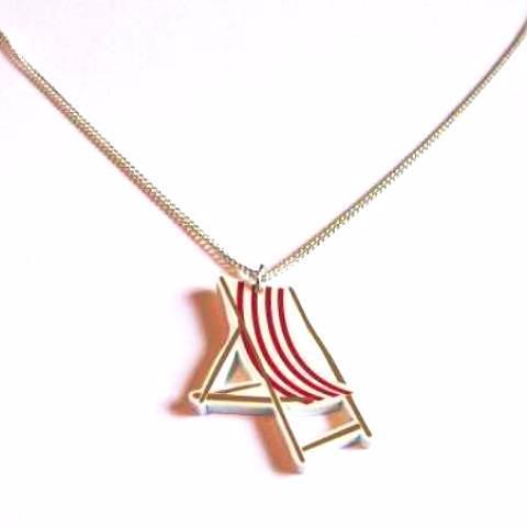 Retro Vintage Style Red Stripe Deck Chair Acrylic Pendant Necklace