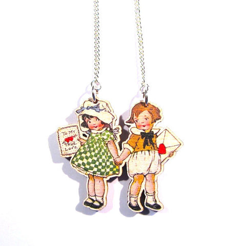 Cutesy Vintage Style Children Holding Hands With Love Wooden Necklace