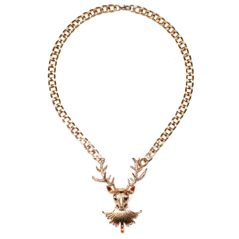 Gold Tone Deer Stag Head Chunky Chain Necklace