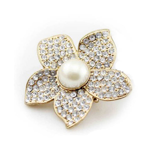 Statement Golden Diamante Pearl Flower Stretchy Ring
