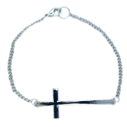 Slim silver tone cross chain bracelet