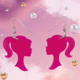 Pink Barbie head profile drop earrings - 2