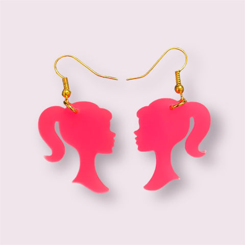 Pink Barbie head profile drop earrings - 1