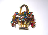 Vintage Colour Crystals Gem Set Gold Tone Basket Brooch