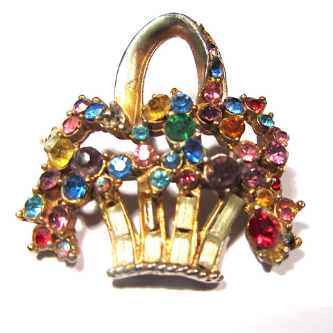 Vintage Colour Crystals Gem Set Gold Tone Basket Brooch