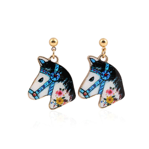 Colourful Kitsch Painted Fairground Horse Head Earrings – Blue