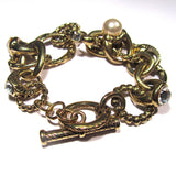 Gold Tone Rings Pearl Gems Charm Bracelet