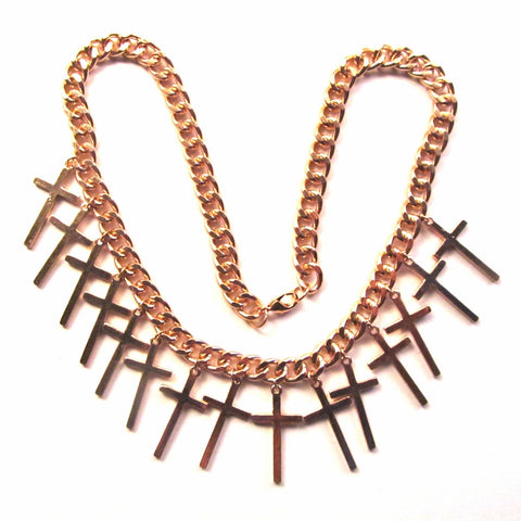 Gold Tone Multi Cross Statement Chunky Chain Necklace
