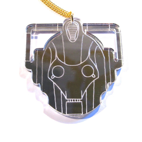 Large Silver Mirror Doctor Who Style Cyberman Pendant Necklace