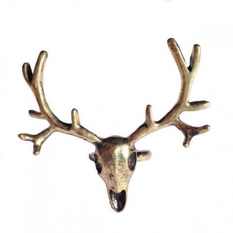 Statement Antique Gold Tone Deer Head Skull Ring