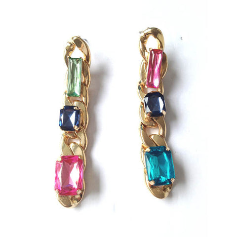 Multicoloured Gemstone Set Golden Chain Earrings