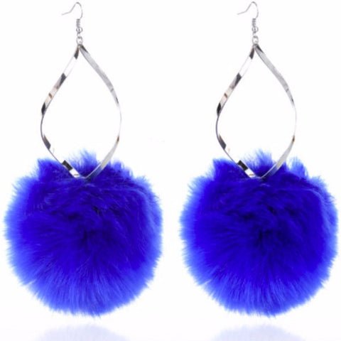 Statement Large Fluffy Blue Pom Pom Drop Earrings