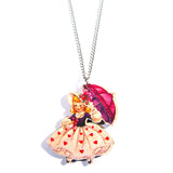 Pretty Vintage Style Girl With Parasol Printed Wooden Necklace