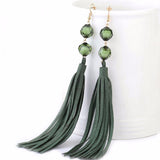 Long Statement Beaded Green Tassel Statement Drop Earrings