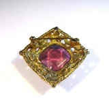 Vintage Ornate Heavy Golden Pink Gemstone Pearls Brooch