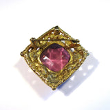 Vintage Ornate Heavy Golden Pink Gemstone Pearls Brooch
