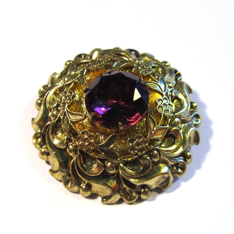 Vintage Decorative Golden Purple Gem Stone Circular Brooch