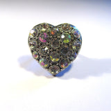 Statement Bling Silver Tone Iridiscent Stones Heart Ring