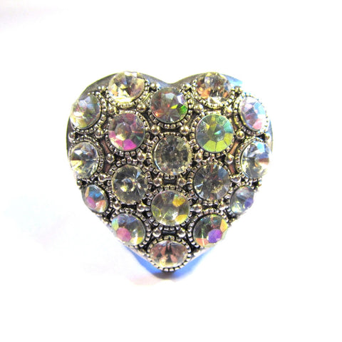Statement Bling Silver Tone Iridiscent Stones Heart Ring