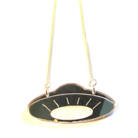 Silver Mirror Acrylic UFO Flying Saucer Retro Necklace