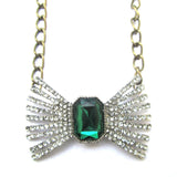 Dazzling Green Stone Diamante Bow Chain Necklace