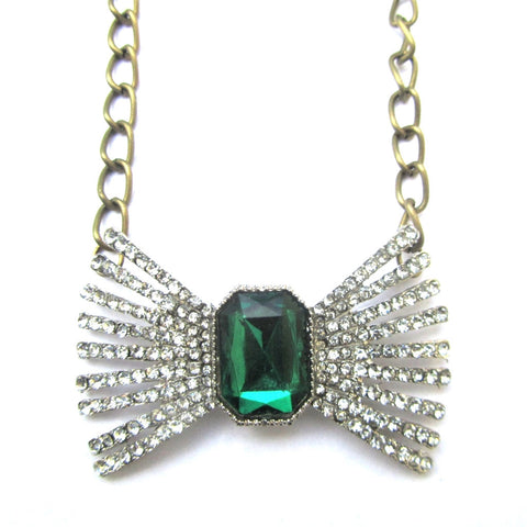 Dazzling Green Stone Diamante Bow Chain Necklace