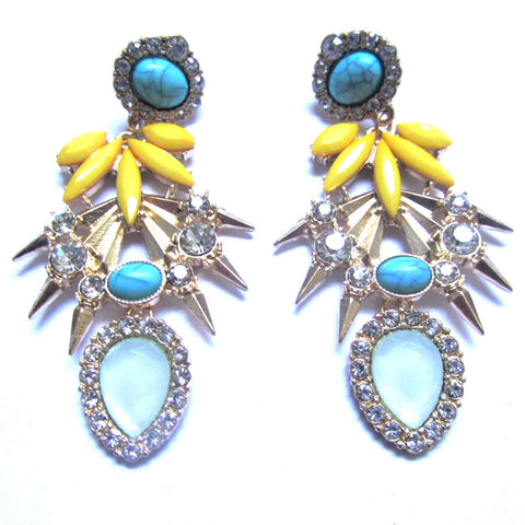 Yellow Turquoise Crystals Faux Gems Drop Earrings