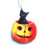 Halloween Pumpkin Black Cat Pendant