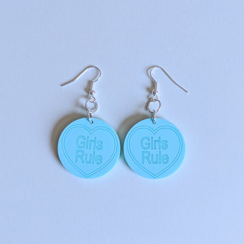 Pretty Pastel Mint 'Girls Rule' Retro Love Heart Acrylic Earrings