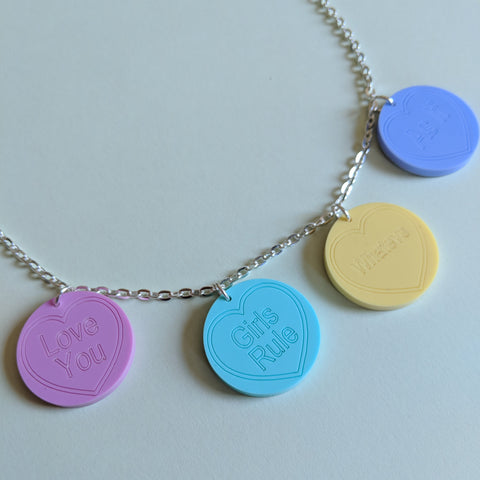 Pretty in Pastels Retro Love Heart Slogans Acrylic Necklace