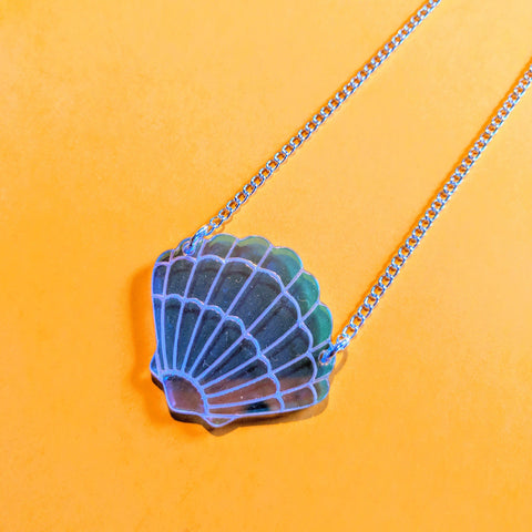 Radiant Rainbow Iridescent Acrylic Scallop Shell Necklace