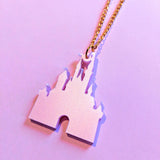 Pretty Pink Fairytale Princess Castle Silhouette Acrylic Necklace