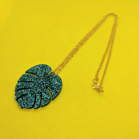 Glitz Glam Glitter Green Monstera Leaf Tropical Acrylic Necklace