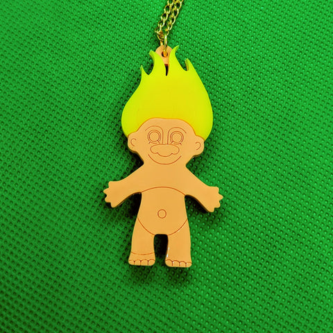 Colourful 80s Troll Doll Acrylic Necklace - Large Yellow