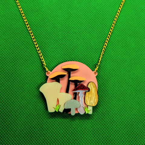 Mushrooms Toadstool Woodland Scene Acrylic Necklace