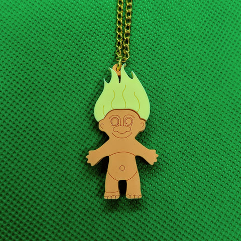 Colourful 80s Troll Doll Acrylic Necklace - Pastel Lemon Yellow