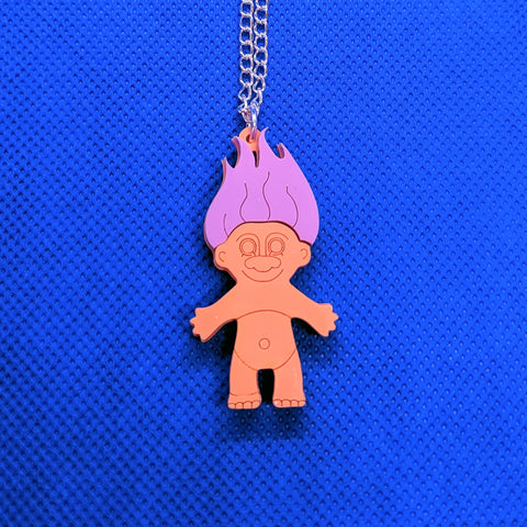 Colourful 80s Troll Doll Acrylic Necklace - Pastel Lilac