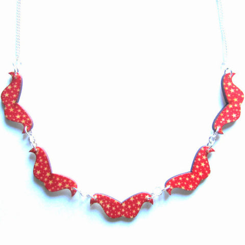 Red Star Patterned Wooden Moustaches Necklace