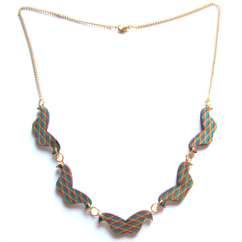 Bright Check Patterned Wooden Moustaches Necklace