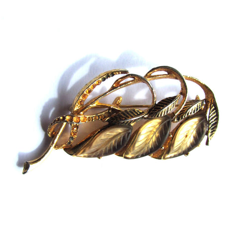 Vintage Leaf Design Gems Golden Brooch